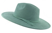 a green fedora hat with a tassel